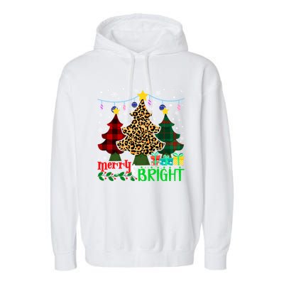 Funny Leopard Plaid Christmas Trees Merry And Bright Gift Garment-Dyed Fleece Hoodie