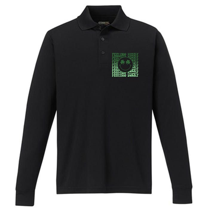 Feeling Lucky Retro St Patricks Performance Long Sleeve Polo