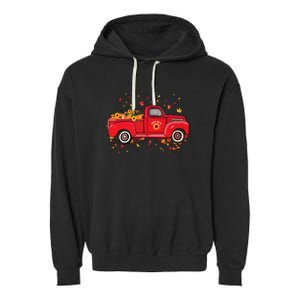 Fall Leaves Red Truck Pumpkins Sunflower Autumn Thanksgiving Garment-Dyed Fleece Hoodie