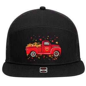 Fall Leaves Red Truck Pumpkins Sunflower Autumn Thanksgiving 7 Panel Mesh Trucker Snapback Hat