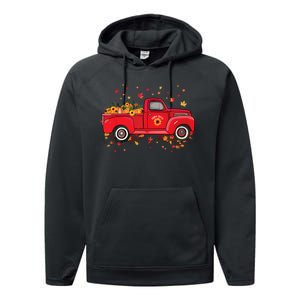 Fall Leaves Red Truck Pumpkins Sunflower Autumn Thanksgiving Performance Fleece Hoodie