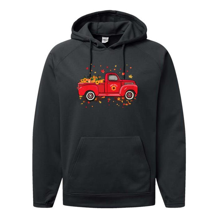 Fall Leaves Red Truck Pumpkins Sunflower Autumn Thanksgiving Performance Fleece Hoodie