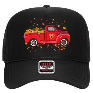 Fall Leaves Red Truck Pumpkins Sunflower Autumn Thanksgiving High Crown Mesh Back Trucker Hat