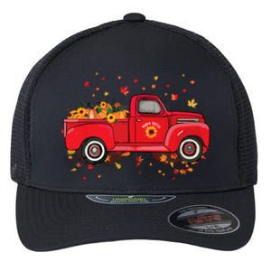 Fall Leaves Red Truck Pumpkins Sunflower Autumn Thanksgiving Flexfit Unipanel Trucker Cap