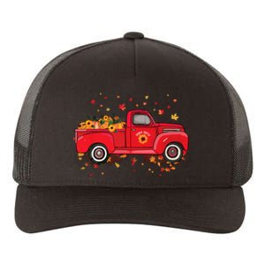 Fall Leaves Red Truck Pumpkins Sunflower Autumn Thanksgiving Yupoong Adult 5-Panel Trucker Hat