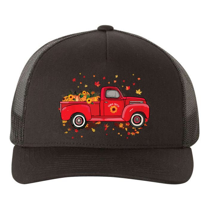 Fall Leaves Red Truck Pumpkins Sunflower Autumn Thanksgiving Yupoong Adult 5-Panel Trucker Hat