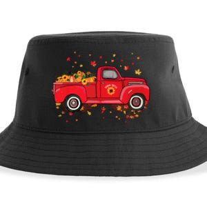 Fall Leaves Red Truck Pumpkins Sunflower Autumn Thanksgiving Sustainable Bucket Hat