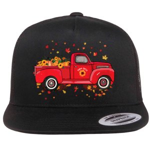 Fall Leaves Red Truck Pumpkins Sunflower Autumn Thanksgiving Flat Bill Trucker Hat