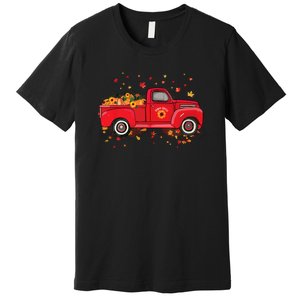 Fall Leaves Red Truck Pumpkins Sunflower Autumn Thanksgiving Premium T-Shirt