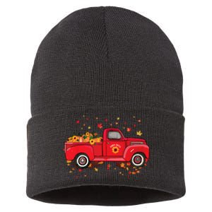 Fall Leaves Red Truck Pumpkins Sunflower Autumn Thanksgiving Sustainable Knit Beanie