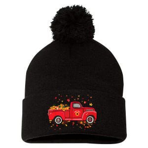 Fall Leaves Red Truck Pumpkins Sunflower Autumn Thanksgiving Pom Pom 12in Knit Beanie