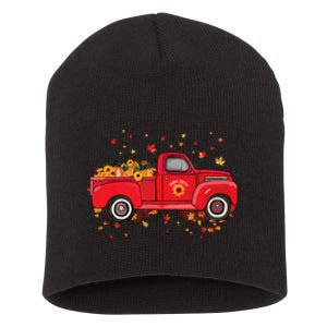 Fall Leaves Red Truck Pumpkins Sunflower Autumn Thanksgiving Short Acrylic Beanie