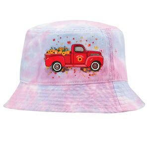 Fall Leaves Red Truck Pumpkins Sunflower Autumn Thanksgiving Tie-Dyed Bucket Hat