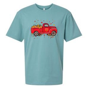 Fall Leaves Red Truck Pumpkins Sunflower Autumn Thanksgiving Sueded Cloud Jersey T-Shirt