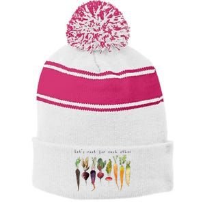 Funny Lets Root For Each Other Vegan Veggies Vegetable Retro Stripe Pom Pom Beanie