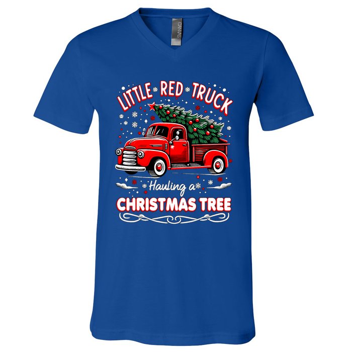 Funny Little Red Truck Hauling A Christmas Tree Xmas Trendy Cute Gift V-Neck T-Shirt