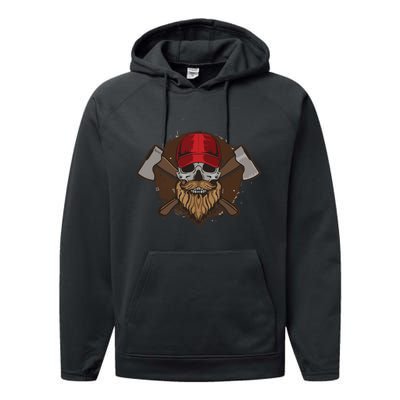 Funny Lumberjack Skull Bearded Axe Throwing Tree Logger Performance Fleece Hoodie