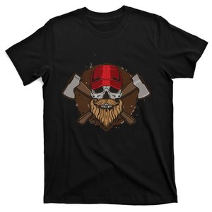 Funny Lumberjack Skull Bearded Axe Throwing Tree Logger T-Shirt