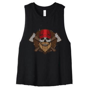 Funny Lumberjack Skull Bearded Axe Throwing Tree Logger Women's Racerback Cropped Tank