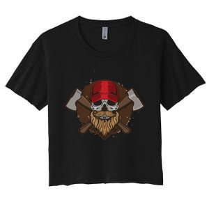 Funny Lumberjack Skull Bearded Axe Throwing Tree Logger Women's Crop Top Tee