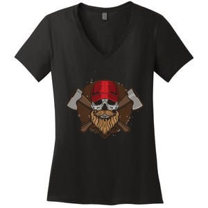 Funny Lumberjack Skull Bearded Axe Throwing Tree Logger Women's V-Neck T-Shirt