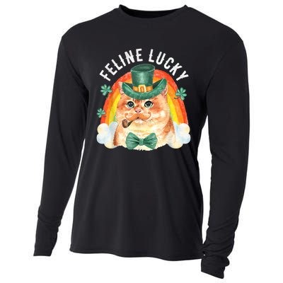 Feline Lucky St Patricks Day Funny Leprechaun Cat Rainbow Cooling Performance Long Sleeve Crew