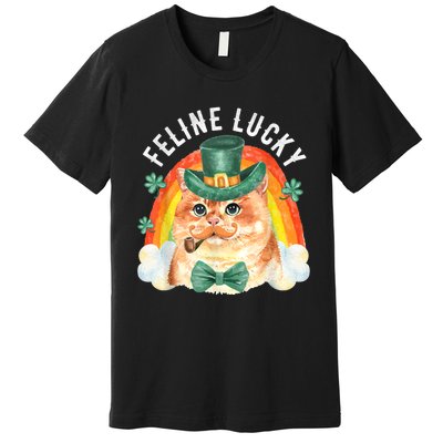 Feline Lucky St Patricks Day Funny Leprechaun Cat Rainbow Premium T-Shirt