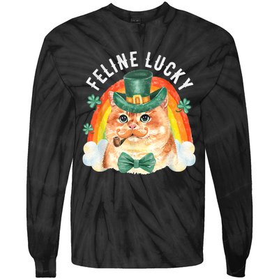 Feline Lucky St Patricks Day Funny Leprechaun Cat Rainbow Tie-Dye Long Sleeve Shirt