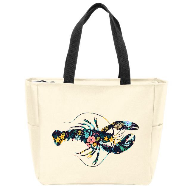 Floral Lobster Silhouette Graphic Zip Tote Bag