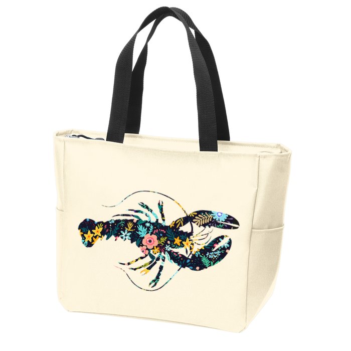 Floral Lobster Silhouette Graphic Zip Tote Bag