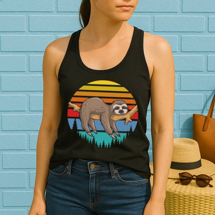 Funny Lazy Sloth Retro Sunset 1 Womens Tank Top