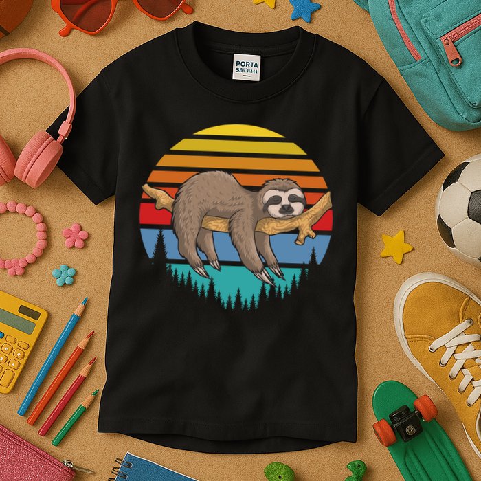 Funny Lazy Sloth Retro Sunset 1 Kids T-Shirt