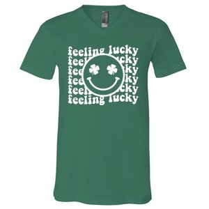 Feeling Lucky Smiley Irish Clover V-Neck T-Shirt