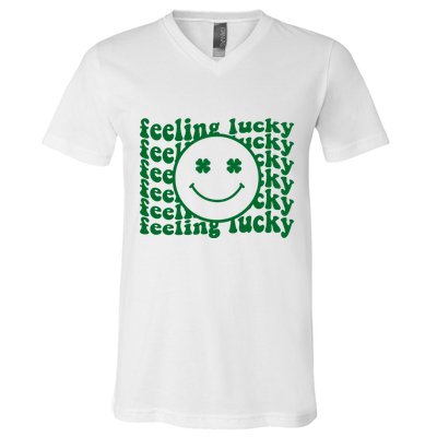 Feeling Lucky St Patricks Day Smile Face Emoji V-Neck T-Shirt