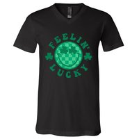 Feelin' Lucky St Patrick's Day Funny Irish Shamrock V-Neck T-Shirt