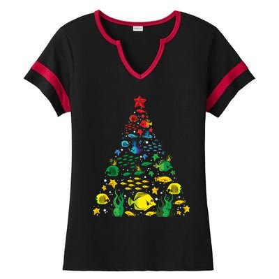 Fish Lovers Sea Beach Aquatic Christmas Tree Xmas Decor Ladies Halftime Notch Neck Tee