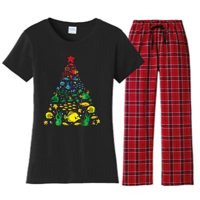 Fish Lovers Sea Beach Aquatic Christmas Tree Xmas Decor Women's Flannel Pajama Set