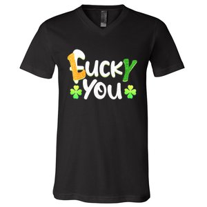 Funny Leprechaun Shamrock Fuck Lucky You St Patricks Day V-Neck T-Shirt