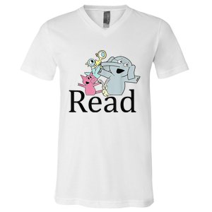 Funny Library Teacher Read Book Club Piggie Elephant Pigeons V-Neck T-Shirt