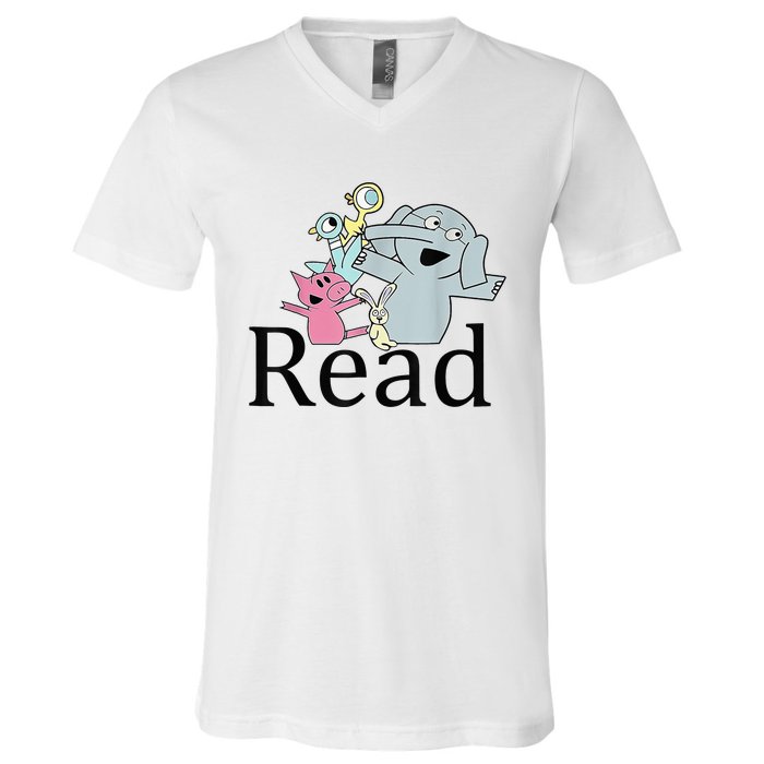 Funny Library Teacher Read Book Club Piggie Elephant Pigeons V-Neck T-Shirt