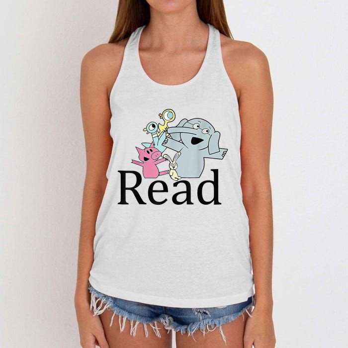 Funny Library Teacher Read Book Club Piggie Elephant Pigeons Women's Knotted Racerback Tank