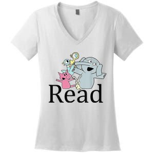 Funny Library Teacher Read Book Club Piggie Elephant Pigeons Women's V-Neck T-Shirt