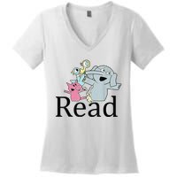 Funny Library Teacher Read Book Club Piggie Elephant Pigeons Women's V-Neck T-Shirt