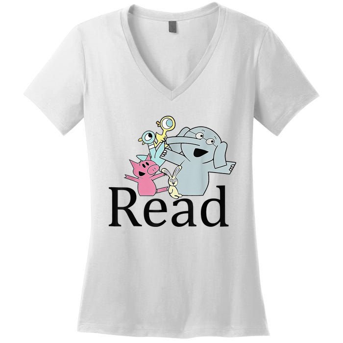 Funny Library Teacher Read Book Club Piggie Elephant Pigeons Women's V-Neck T-Shirt