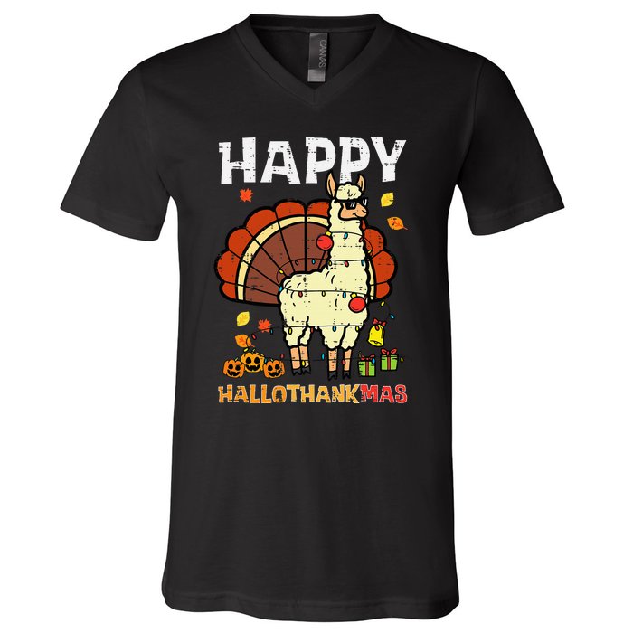 Festive Llama Turkey Holiday Celebration V-Neck T-Shirt