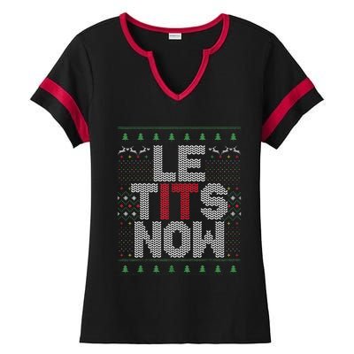 Funny Le Tits Now Christmas Let It Snow Ugly Sweater Funny Party Ladies Halftime Notch Neck Tee