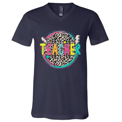 Funny Leopard Teacher Happy First Day Of School Teacher V-Neck T-Shirt