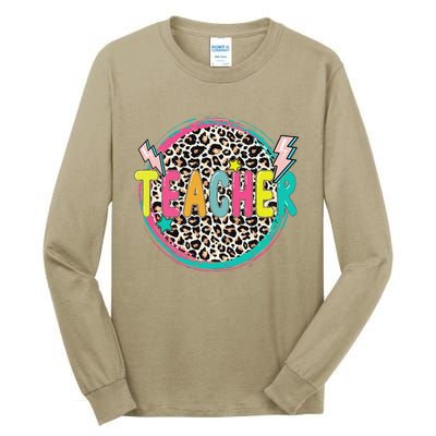 Funny Leopard Teacher Happy First Day Of School Teacher Tall Long Sleeve T-Shirt