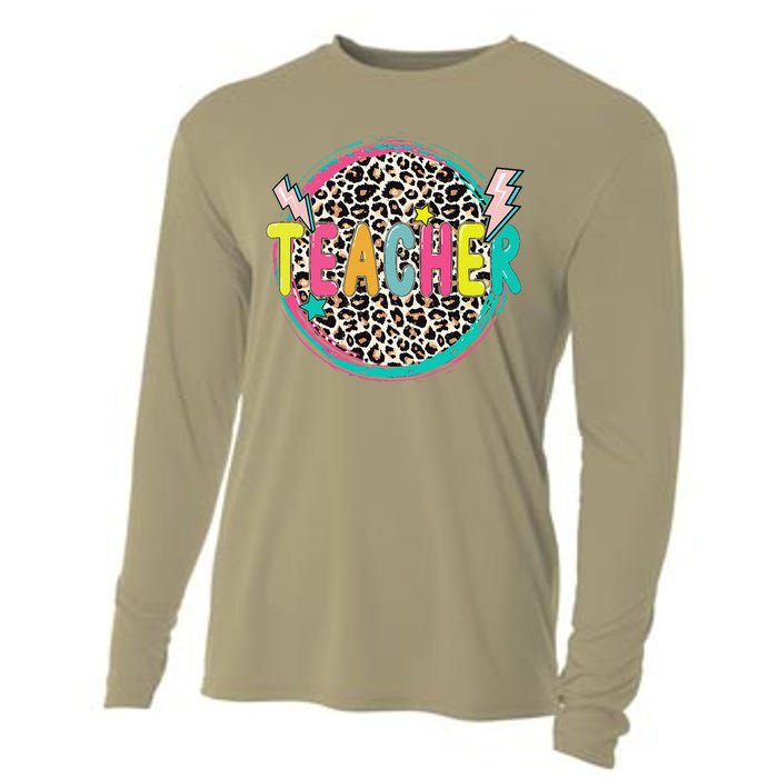 Funny Leopard Teacher Happy First Day Of School Teacher Cooling Performance Long Sleeve Crew