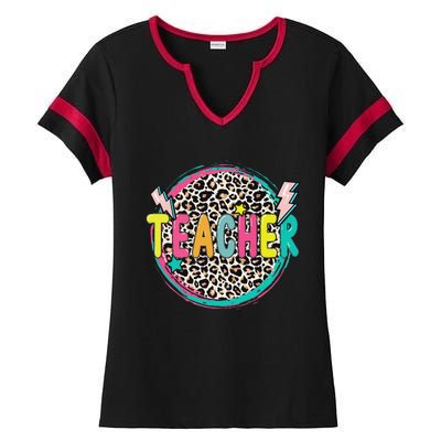 Funny Leopard Teacher Happy First Day Of School Teacher Ladies Halftime Notch Neck Tee